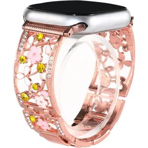 Floral Bling Crystal Hollow Metal Bracelet Band Compatible with Apple Watch 38mm 40mm 41mm 42mm 44mm 45mm 46mm 49mm, Women Dressy Jewelry Wristband for iWatch Series 11 10 9 SE 8 7 6 5 4 3 2 1 Ultra
