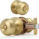 Brushed Gold Flat Ball Door Knob with Lock, Keyless Privacy Round Design Doorknob for Bathrooms/Bedrooms, Satin Brass Finish (1 Pack)