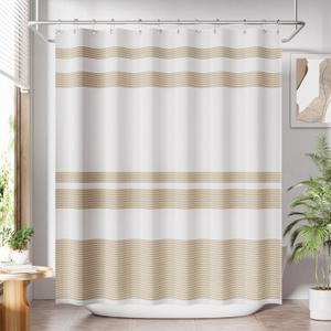 AmazerBath Beige Shower Curtain, 72x72 Washable Cloth Neutral Light Tan Shower Curtain with 12 Hooks, Fabric Khaki and White Striped Set, Farmhouse Bathroom Shower Curtain
