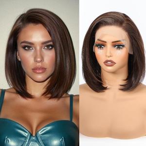 BLONDE UNICORN Brown Highlight 136 HD Bob Wig Synthetic Lace Front Wig Glueless Short Straight Bob Wigs for Women Daily Party Use 10IN