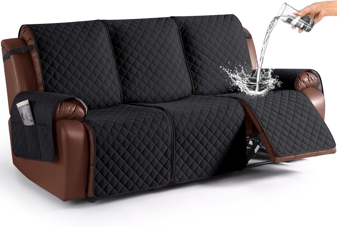 KinCam Recliner Sofa Covers for 3 Seat, 100% Waterproof Reclining Couch Covers, Non-Slip Recliner Couch Cover Furniture Protector with Elastic Straps for Pets, Kids, Black
