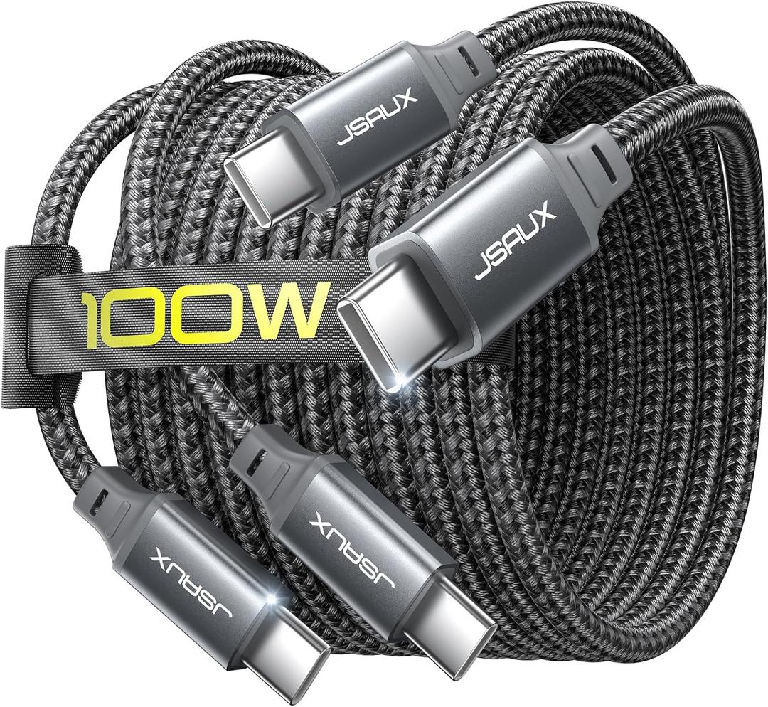 JSAUX 100W USB C to USB C Cable [2-Pack 15FT], Type C Fast Charging Cord for iPhone 17 Air/iPhone 17/iPhone 17 Pro/iPhone 17 Pro Max, iPhone 16/15 Series, Galaxy S/Note Series, MacBook, iPad - Grey