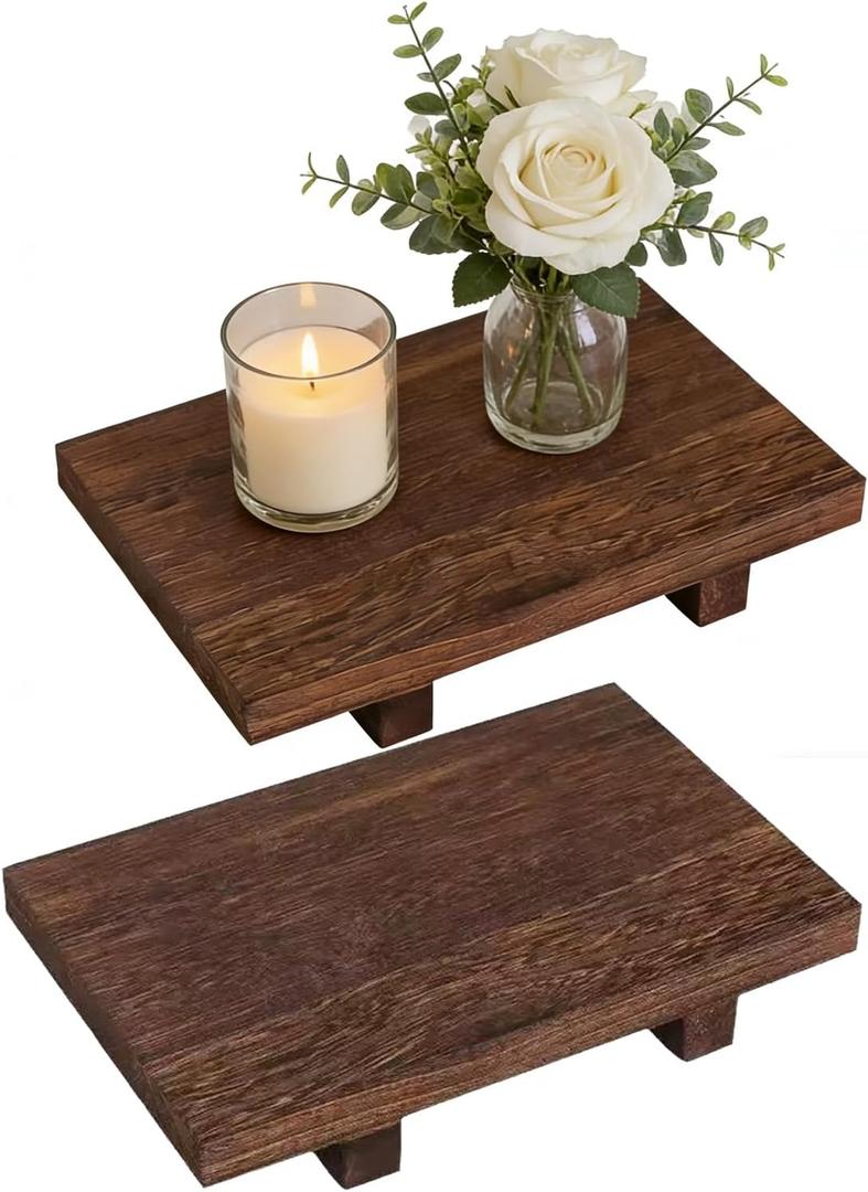 2PCS Wooden Pedestal Tray, 9 x 5.9 x 1.5 Inch Rustic Wood Riser Stand for Bathroom Kitchen Counter Decor, Small Decorative Soap Tray for Candles Plants Bottles, Home Accessories