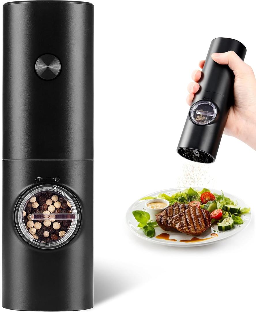 Electric Pepper Grinder or Salt Mill, Battery Powered Automatic Pepper Mill, Ceramic Grinder with Adjustable Coarseness, LED Light, One Hand Operation (1 pack)