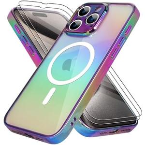 Bonoma for iPhone 15 Pro Max Case Magnetic 【Support for Magsafe】 Bling Laser Iridescent Florescent Crystal Luxury Camera Protector + 2* Screen Protector Shockproof Edge Cover -Purple