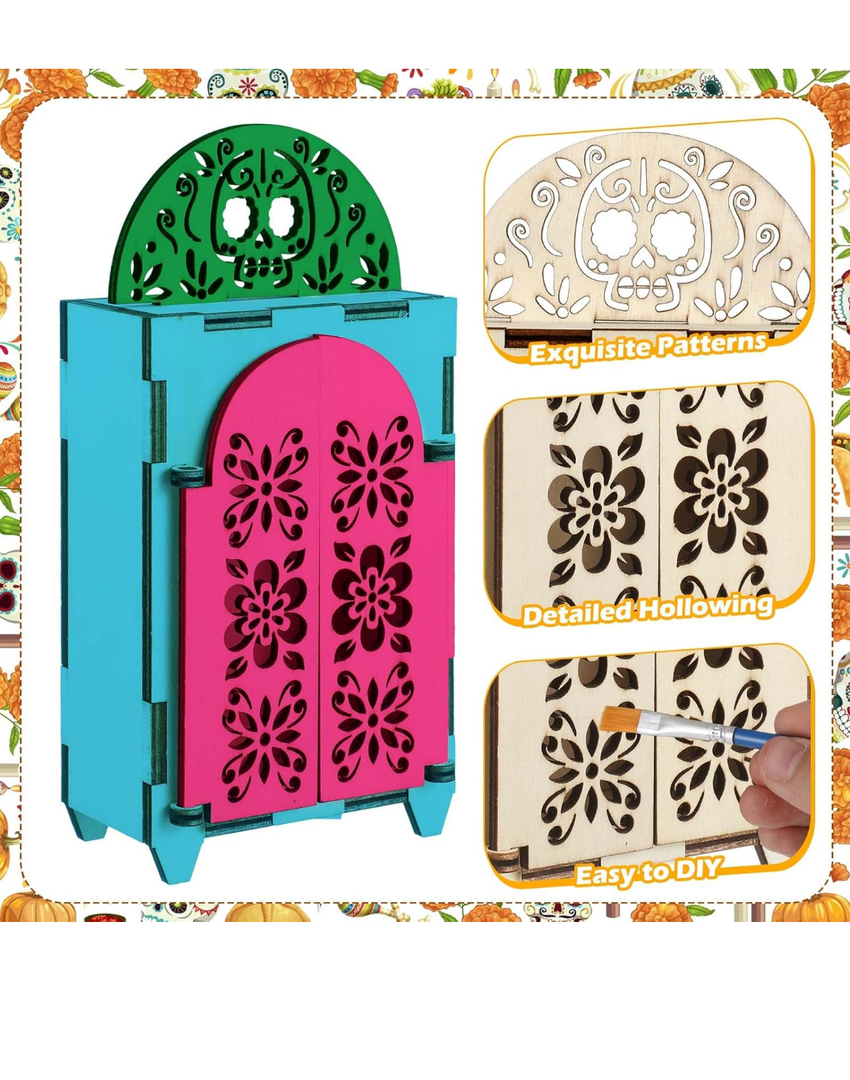 Chunful 28 Pcs Dia De Los Muertos Ofrenda Altar Decorations, Wooden Shadow Box and Felt Picado Banner, Marigold Butterfly LED Candles Painting Tools for Day of The Dead Altar Kit Remembrance Supplies