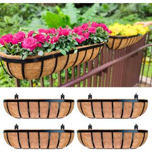 LaLaGreen Railing Planter Box (24 Inch, 4 Pack) Black Metal Rectangular Hanging Planters with Coco Liner, Flower Boxes Brackets for Deck Railings Outdoor Plants Over Rail Fence Balcony Patio Porch