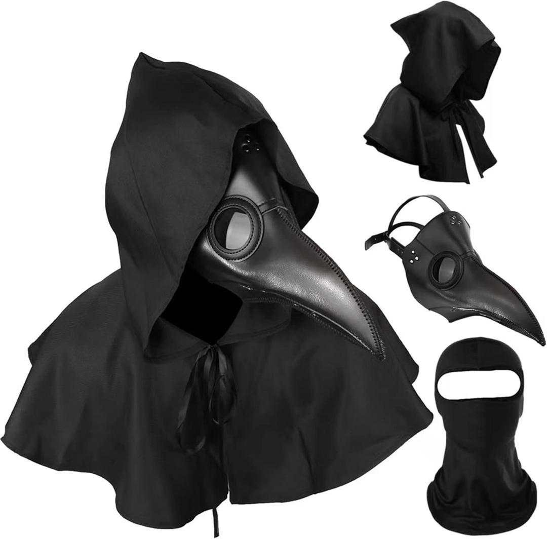 HAOSUN Plague Doctor Mask and Cloak Halloween Costumes for Men 3 in 1 Scary Masks for Adult (Black)