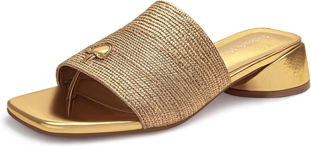 Women's Block Kitten Heels Slide Mule Sandals Square Open Toe Shoes (7, Gold)