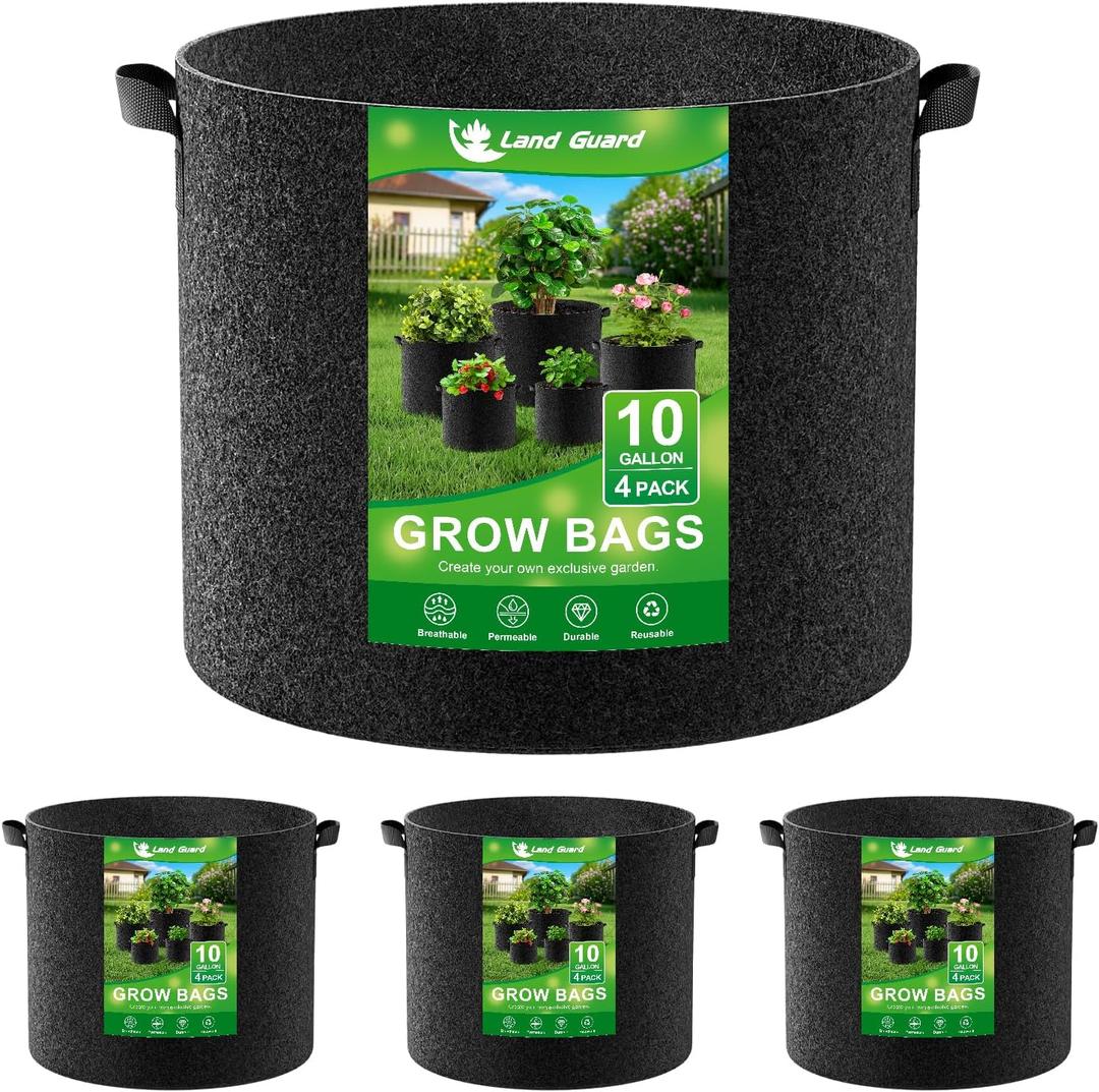 Land Guard 4-Pack Fabric Grow Bags 10 Gallon, 300G Thickened Nonwoven Plant Grow Bags, Grow Pots for Plants, Growing Bags with Handles, Planting Bags for Vegetables, Black