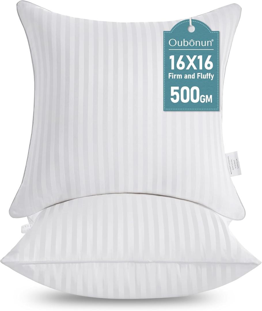 Oubonun 16 x 16 Throw Pillow Inserts, Firm and Fluffy Decorative Square Pillows for Couch Bed Sofa with Soft Cotton Cover White Cushion with Down Alternative Pack of 2