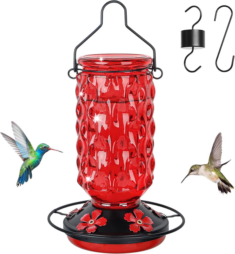 Glass Hummingbird Feeders for Outdoors Hanging, 25 OZ Wave Glass Hummingbird Feeder with 5 Flower Feeding Ports, Ant Moat and Leak Proof for Outside Garden Backyard Decor, Gifts for Women Mom, Red