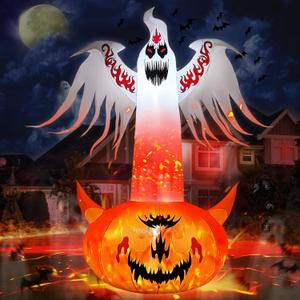 8FT Halloween Inflatables Outdoor Decorations Ghost with Built-in Flame Flashing Projection Light Scary Red Eye Pumpkin Blow Up Yard Decorations for Halloween Party