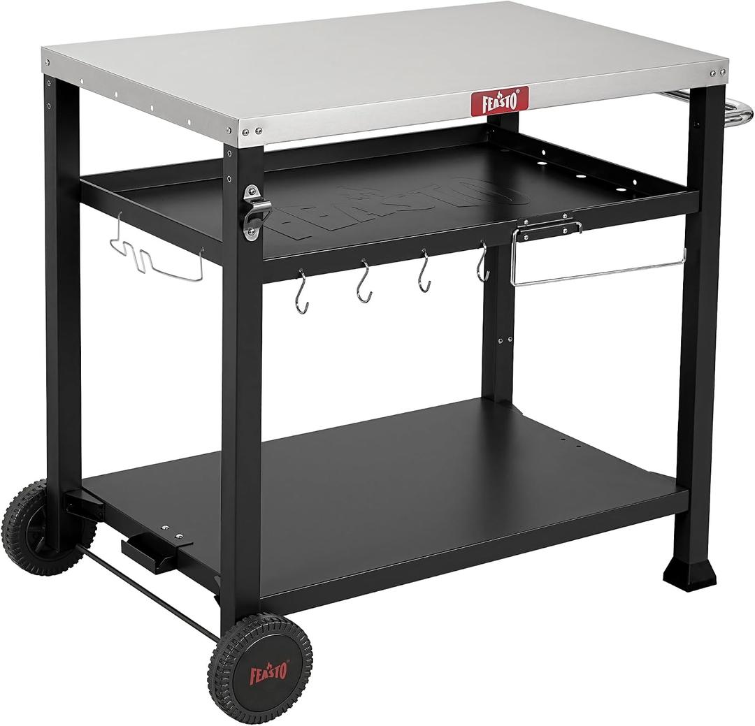 Feasto 3-Shelf Pizza Oven Table with 33.5" x 21.7" Stainless Tabletop, Outdoor Grill Cart with Tank Hook for Pizza Ovens & Griddles, Heavy-Duty Prep Station for Pizza, Patio BBQ and Deck Parties