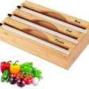 PLUMEQUICK 3 in 1 Wrap Organizer with Cutter and Labels, Plastic Wrap, Aluminum Foil and Wax Bamboo Dispenser for Kitchen Storage Organization Holder