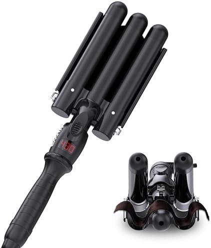 kuwa Crimper Hair Tool,Beach Waves Curling Iron,3 Barrel Curling Iron,Hair Crimper for Women,HairWaver with LCD Temperature Display