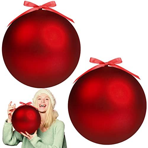 Weysat 2 Pcs 8 Inch Extra Large Fillable Christmas Ball Ornaments Giant Matte Red Plastic Christmas Tree Ornaments Balls with Hanging Ribbons for Outside Lawn Yard Tree Decorations