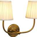 PERMO Vintage Sconce Gold 2 Lights Wall Sconces with Pleated Beige Stripe Fabric Shades Antique Bathroom Double Sconces Hardwired for Farmhouse Bedroom Hallway
