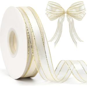 White Organza Ribbon 50 Yards 1 Inch White Organza Gold Edge Sheer Ribbon for Gift Wrapping DIY Craft Christmas Tree Wedding Party Decoration Flower Bouquet Hair Bow Making Christmas Ribbons