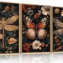 Large Vintage Butterfly and Dragonfly Wall Decor Framed Canvas Wall Art, Retro Blossom Leaf Wall Decor, Dark Insect Plant Artwork, Moody Animal Floral Art Print for Living Room, Bedroom-16 x24 x3