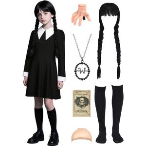 Girls Halloween Costume Kids Black Dress with Wig Necklace Socks Hairpin (110 (3-4 Years))