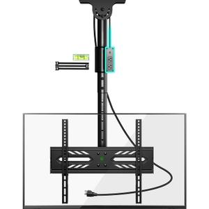 Greenstell Ceiling TV Mount with Power Outlet, TV Mount for 26-65 inch TVs, Ceiling Mount with 900J Surge Protection, Swivel, Tilt and 6 Height Adjustable, Max VESA 400x400mm, Holds up to 110Lbs