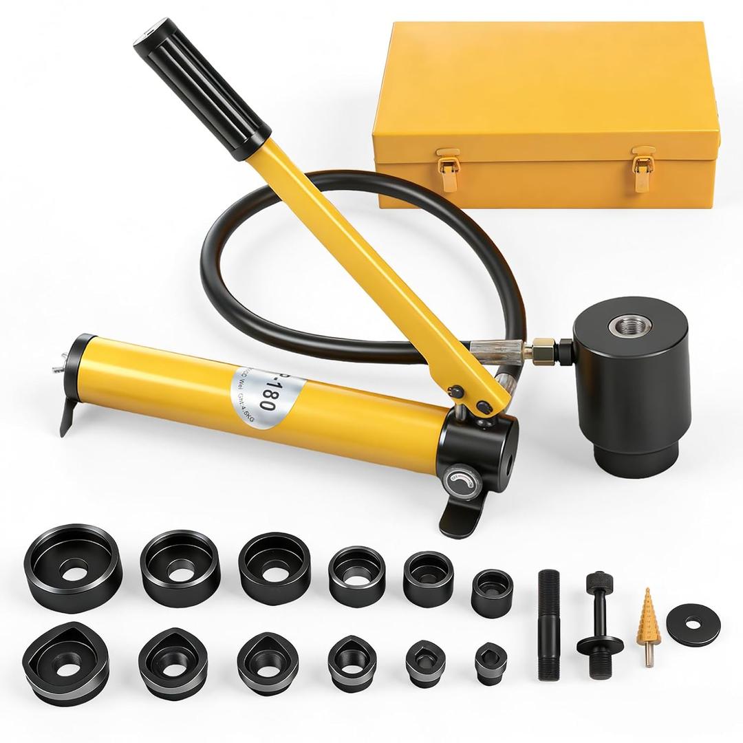 15 Ton Hydraulic Knockout Punch Kit, Knock Out Set with 10 Dies1/2" to 2" Conduit Hole Cutter Set, Heavy Duty Hole Cutter for Steel, Stainless Steel, Aluminum & Plastic