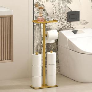 Modern Bathroom Toilet Paper Holder Stand with Storage Shelf, Gold Metal, 23.2 Inch Height, 4-Roll Storage, Freestanding Design