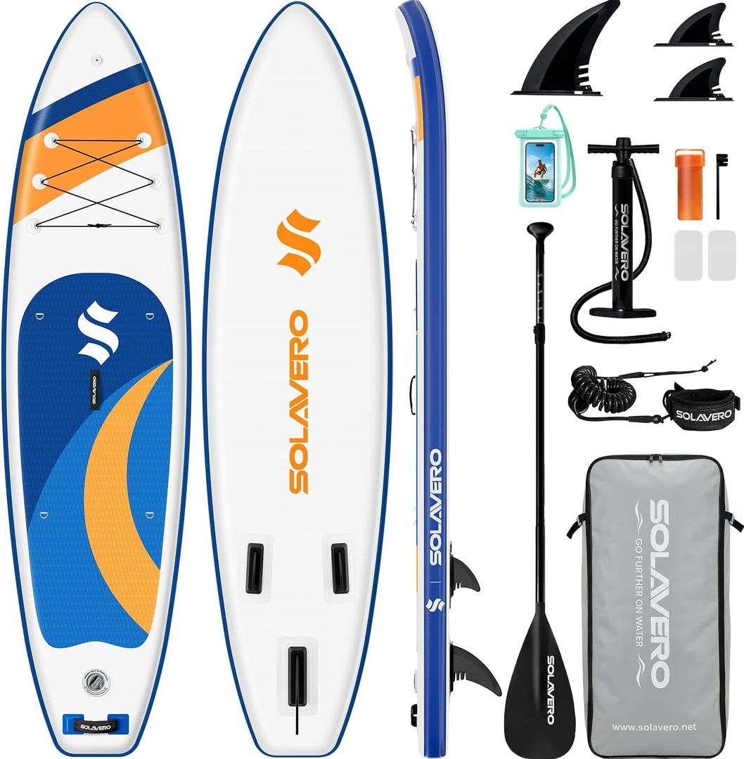 SOLAVERO Stand Up Paddle Board, 11‘ Inflatable SUP Supports 500LB - Wide Stable Board with Non-Slip EVA Deck for Adults & Youth of All Skill Levels
