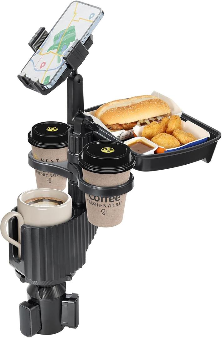 Sancaral Car Large Cup Holder Expander, 5-in-1 Cupholder Extender with Phone Holder & Swivel and Detachable Snack Food Tray Table for Eating, Travel Essentials for Road Trips for Driver. Model C