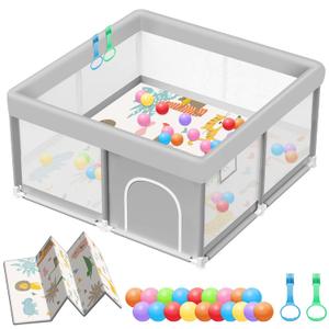 Baby Playpen with Mat 50x50 Inch, Playpen with Colorful Ball for Babies and Toddlers, Baby Play Pen Pin Indoor Play Fence (Mat and Ball Included) (Grey + Mat + Ball)