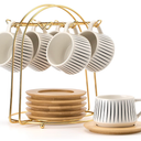 LUKA Ceramic Coffee Espresso Cups with Saucers Set with Metal Holder, 4.4 oz Porcelain Demitasse Cups For Tea, Espresso, Latte, Coffee, Cafe Mocha, Set of 6, White