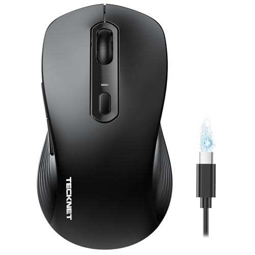 TECKNET Rechargeable Bluetooth Mouse, [ USB + BT5.0 + BT3.0 ] Wireless Mouse, Ergonomic Design, Silent Click, 6-Level 4800 DPI Wireless Mice, 3-Device Switching for Laptop, Computer, MacBook（Black）