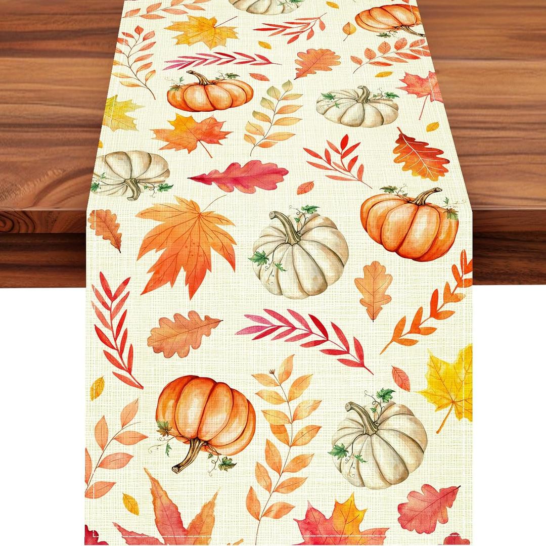 ACZHHZC Pumpkin Fall Table Runner, Maple Leaf Autumn Thanksgiving Kitchen Dining Table Decorations for Home Party Decor (White Orange 3, 13x72 Inches)