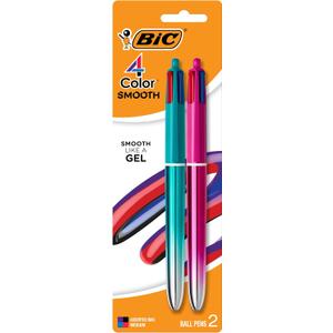 BIC 4 Color Smooth Gradient Retractable Ballpoint Pen, 1.0 mm Medium Point, 2-Count in Assorted Ink (Purple, Black, Blue, Red Ink)
