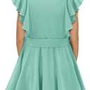 storeofbaby Girls Short Sleeve Dress V Neck Button Ruffle Hem Dresses with Belt (Green, S)