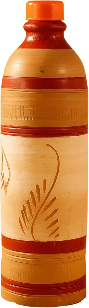 PrakRtyA: Clay Water Bottle for Drinking – Handmade Terracotta Earthen Bottle | Natural Mitti Water Bottle | EcoFriendly, BPAFree, ChemicalFree, Reusable Water Container (Style 2)