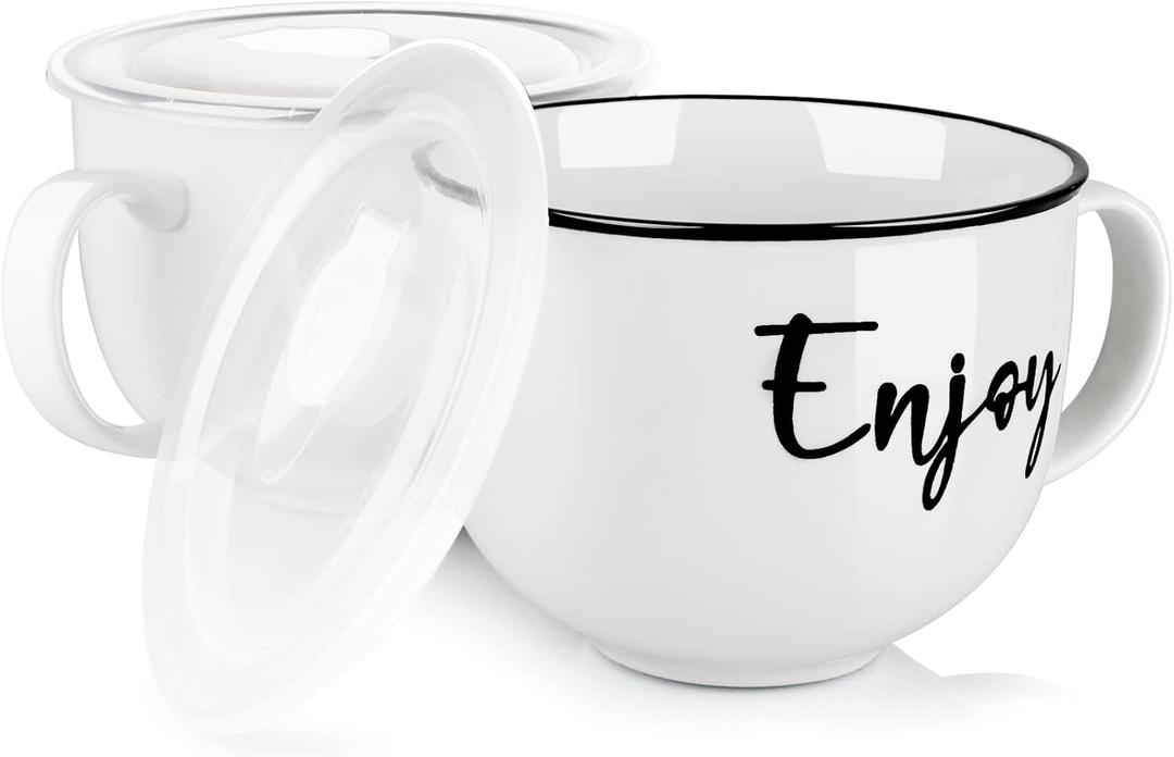 Soup Mugs with Handles and Vented Lids, 26 oz Microwavable Soup Bowls, Ceramic Mugs Set for Overnight Oats, Cereal, Noodles, Ramen, Pasta, Salad, Oversized Coffee Mugs, Set of 2, White