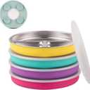 Elk and Friends Stainless Steel Divided Plates with Silicone Sleeve for Babies & Toddlers | Lids Included | Stay Put Suction | Dinner & Snack Plates | 4 Pack (Pink/Purple/Teal/Yellow)