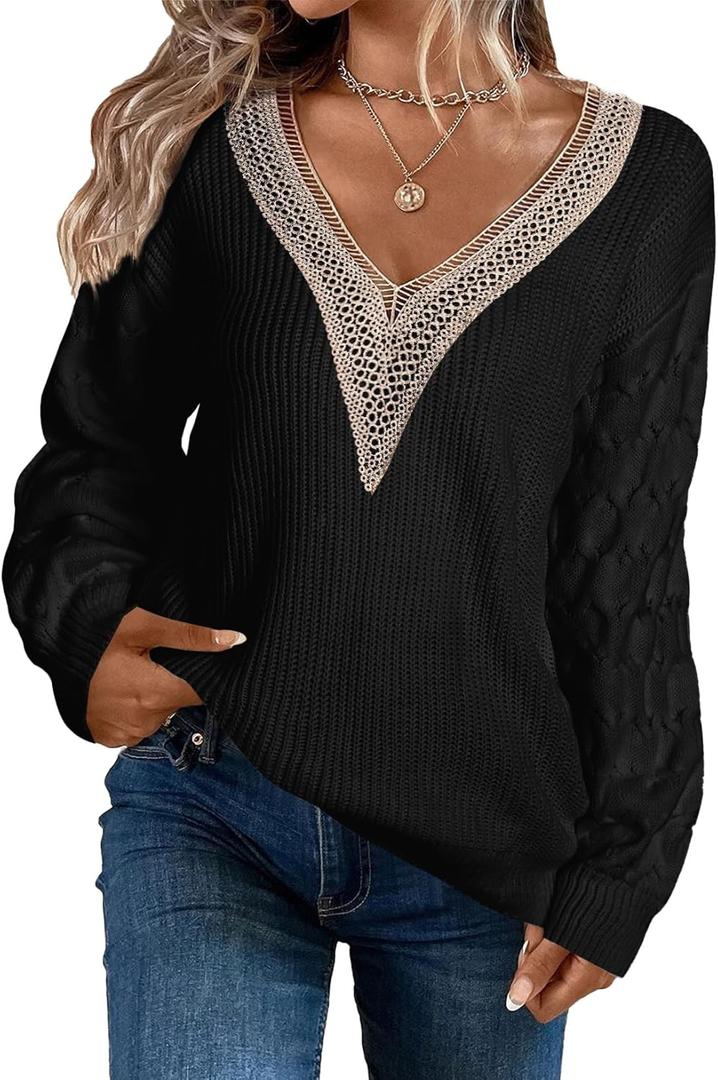 EVALESS Womens Long Sleeve Sweaters Fall 2024 Trendy Sexy Lace V Neck Knit Drop Shoulder Pullover Sweater Jumper Tops (Medium, 2d Black)