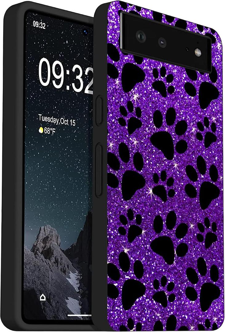 Compatible with Google Pixel 7 Case, Bling Purple Black Dog Paw Slim Fit Soft TPU Shockproof Protective Cover Case Gift for Women Girl