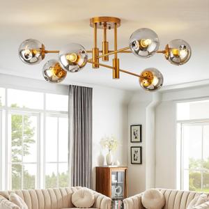 6 Lights Gold Chandelier Globe Glass Cover Sputnik Ceiling Light Fixture,34" Large Dining Room Light Fixture Smoke Bubble Chandeliers for Living RoomModern Chandelier Decor