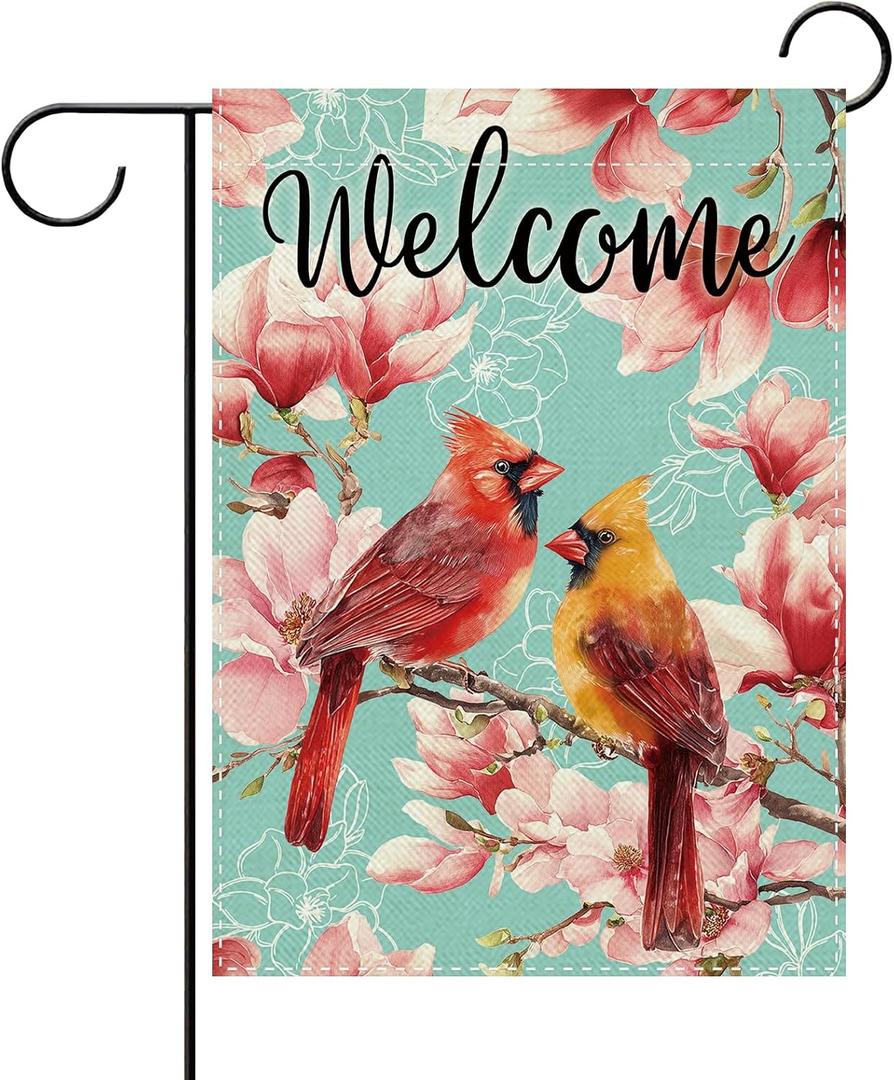 3 x Welcome Spring Summer Cardinal Floral Decorative Garden Flag, Red Birds Pink Magnolia Flower Small Yard Outside Decorations, Farmhouse Burlap Outdoor Home Decor Double Sided 12 x 18, (Mix, 3 Packs)