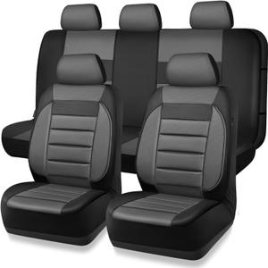 CAR PASS Leather Seat Covers Full Set Universal Water Resistant 3D Foam Back Support, Luxury Comfort Automotive 5 Seat Covers All Season Fit for SUV,Sedan,Van, Airbag Compatible Elegance(Gray Black)