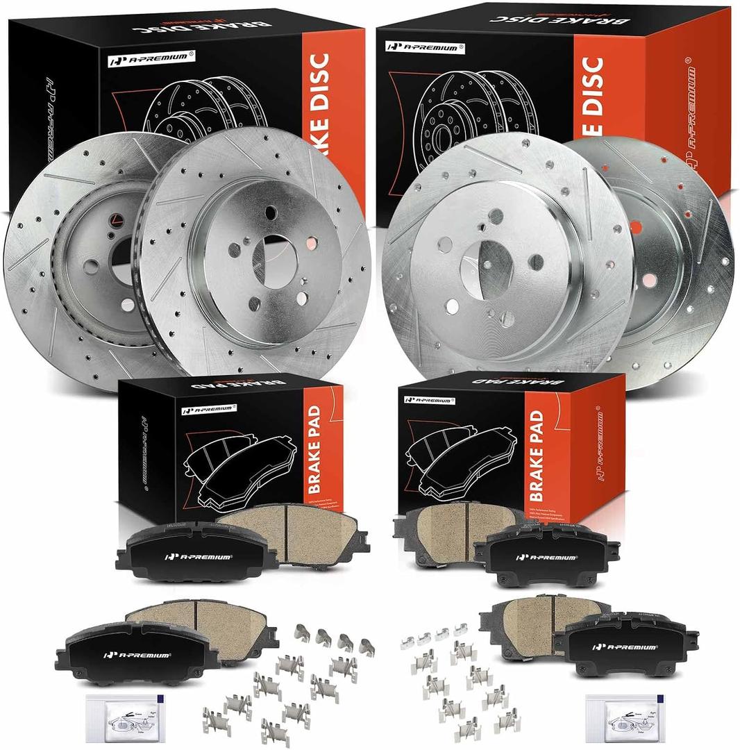 A-Premium Front and Rear Drilled and Slotted Disc Brake Rotors + Ceramic Pads Kit Compatible with Select Toyota Models - Corolla 2019 2020 2021 2022, 12-PC Set