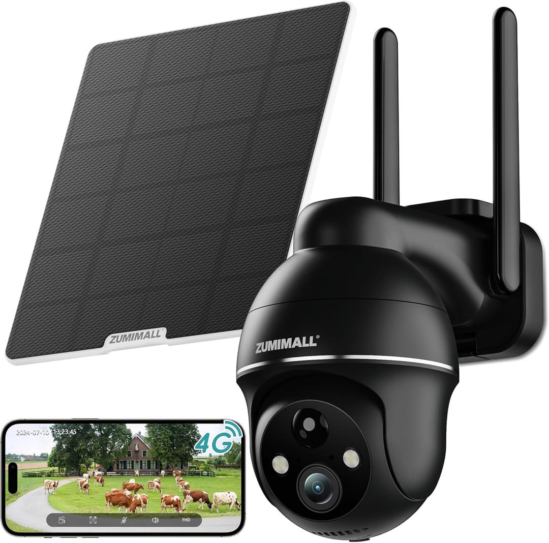 ZUMIMALL 4G LTE Cellular Solar Security Cameras Wireless Outdoor, 3MP No WiFi Cameras for Home Security, 360 Live View, 2K Color Night Vision, PIR Motion Sensor, 2 Way Talk, Built in SIM Card