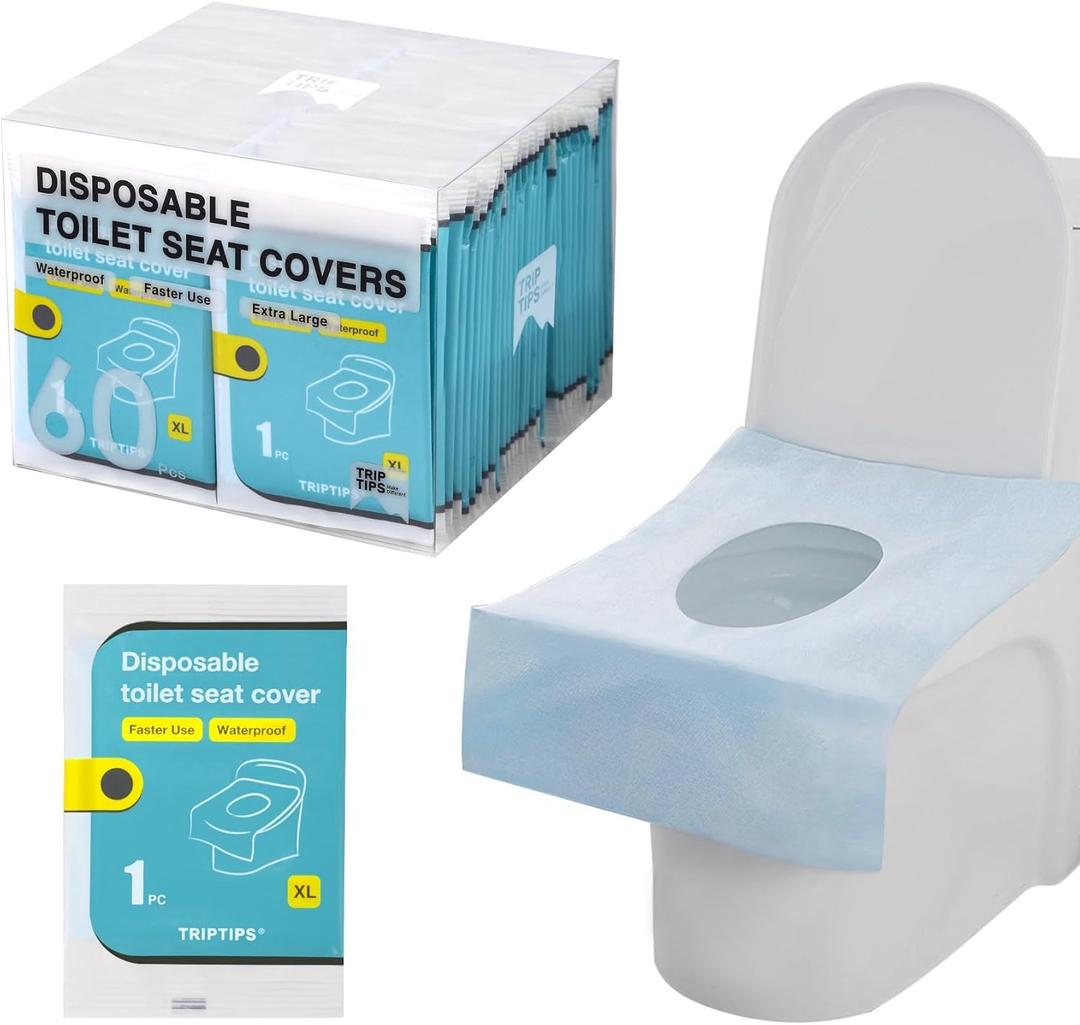 TRIPTIPS Toilet Seat Covers Disposable Travel Pack 60 countFaster use-Sticker freeWaterproofXL Disposable Toilet Seat Cover for Adults and Kids, Individually for Public Restroom/Airplane (60pcs)