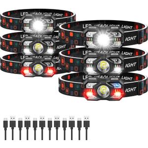 Headlamp Rechargeable 6Pack, 3000 Lumen Ultra-Light Bright Headlamp Flashlight with White Red Light, LED Headlight Motion Sensor, 5+5 Mode for Outdoor Camping Fishing Running Hiking (6)