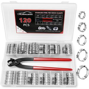 120PCS 5 Sizes PEX Clamps Kit with Plier, 1/2'', 3/4'', 3/8, 5/8'', 1'', Premium 304 Stainless Steel Cinch Crimp Rings, PEX Tool Kit Assortment for PEX Tubing Pipe Fitting Connections By Hydencamm (3/8''-1'')