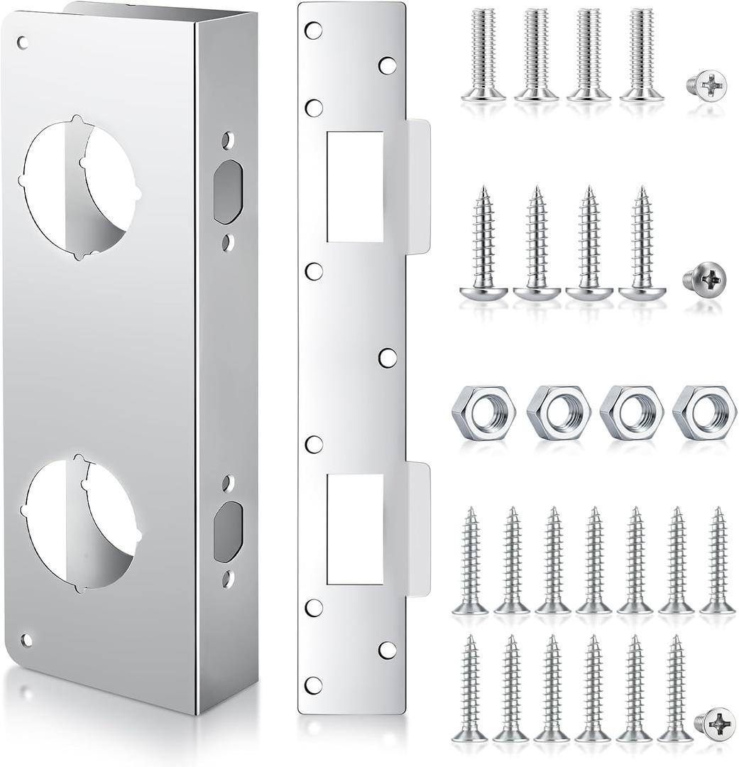 1 Set Silver Stainless Steel Lock and Door Reinforcement Plate Set Mortise Lock Conversion Kit Exterior Interior Doors Repair Kit for 1-3/4 Thick Door Double Hole Doors